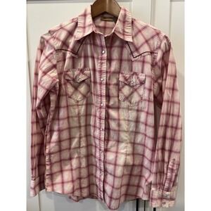 WRANGLER Women's SMALL - Plaid Pink Cotton Stretch Pearl Snaps Western Rodeo TOP